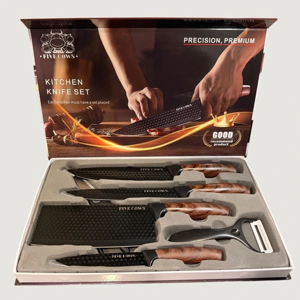 Five Cows 6 Piece Kitchen Knife Set Black Non Stick Stainless Steel Wood Grain